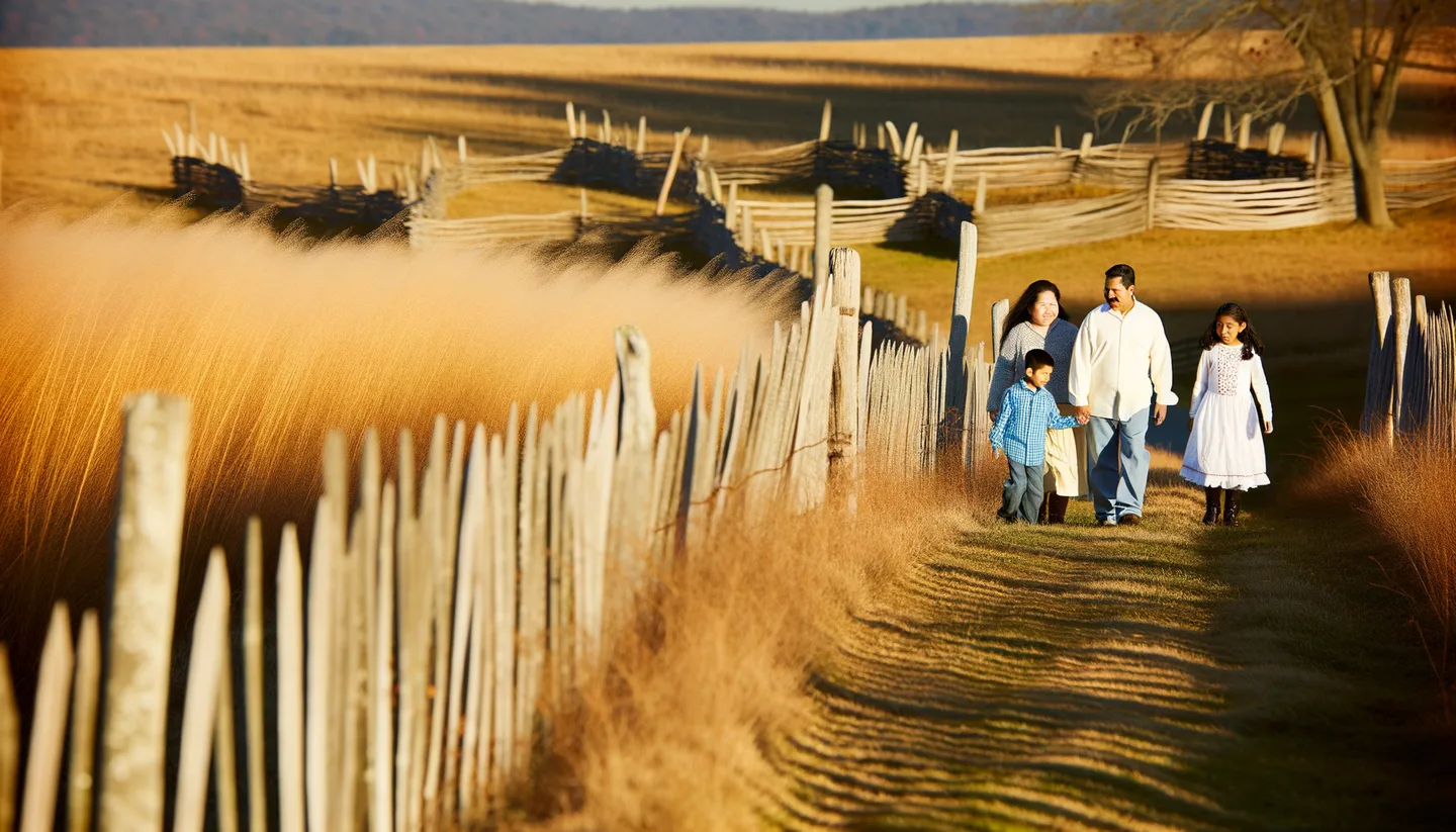 Family walking along inherited rural property