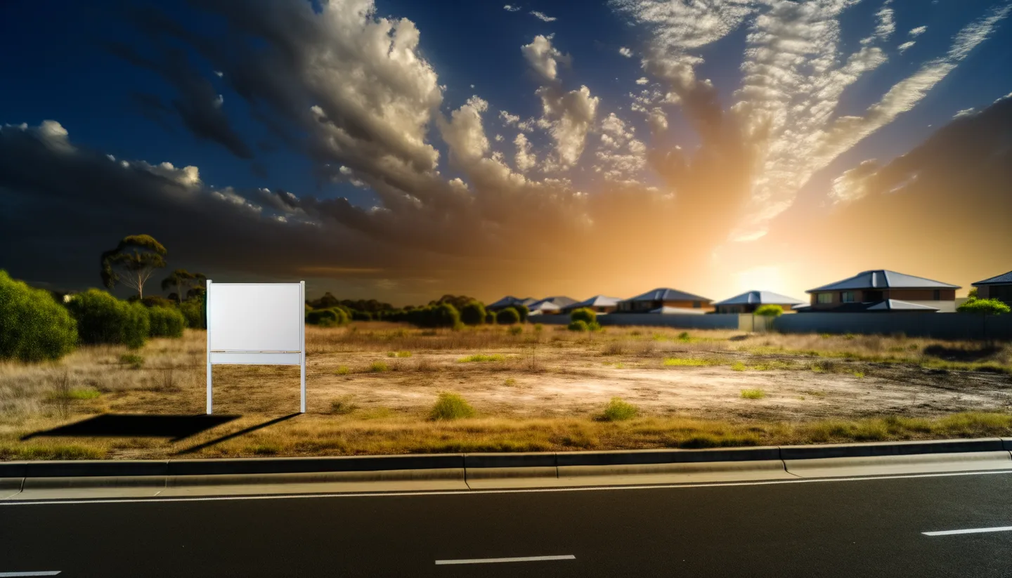 Vacant land parcel with real estate sign at golden hour