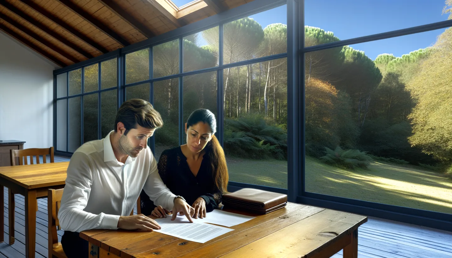 Two people reviewing land sale documents without a realtor