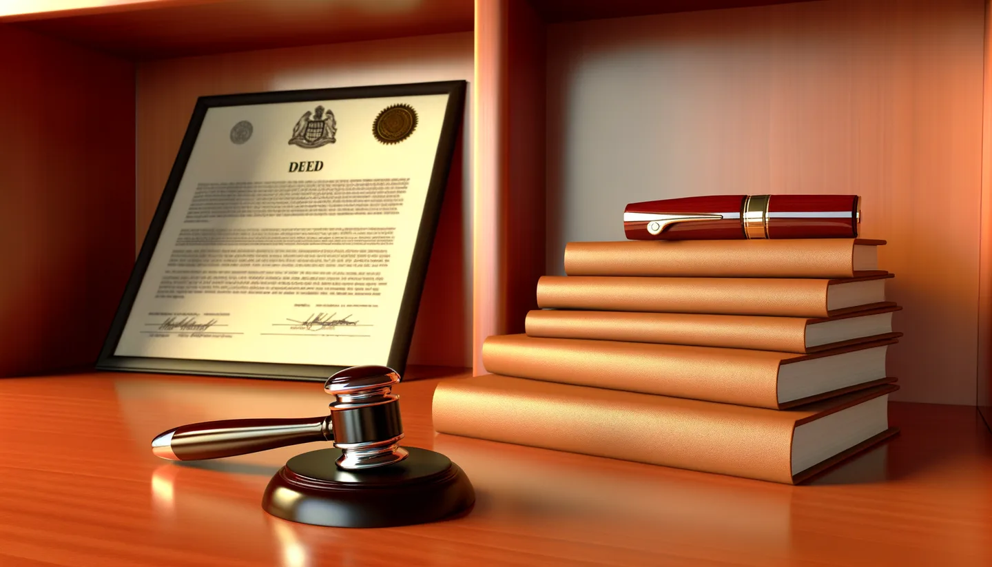 Legal land deed with notary stamp and fountain pen on desk