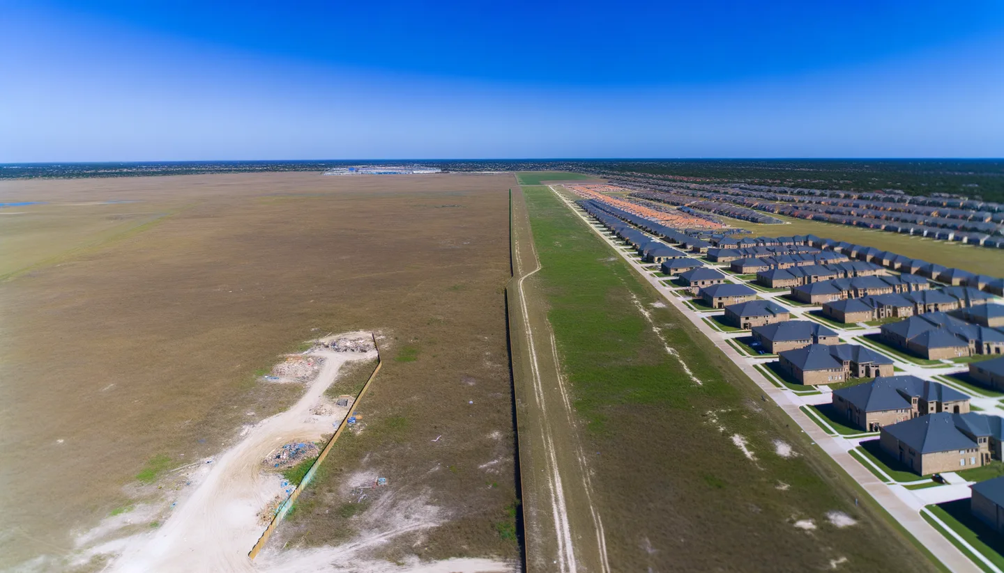 Aerial view of undeveloped land next to new construction