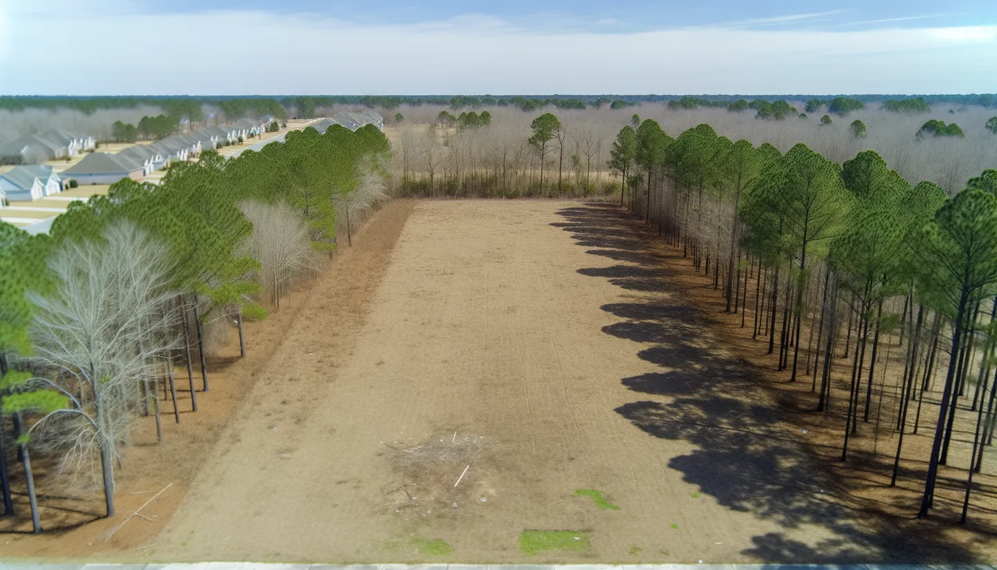 Aerial view of a cleared vacant lot bordered by trees