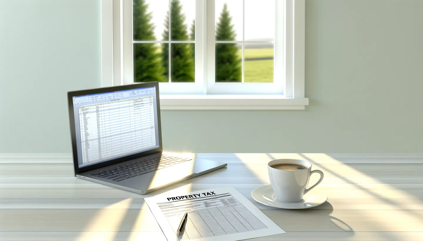 Property tax documents and laptop on a desk