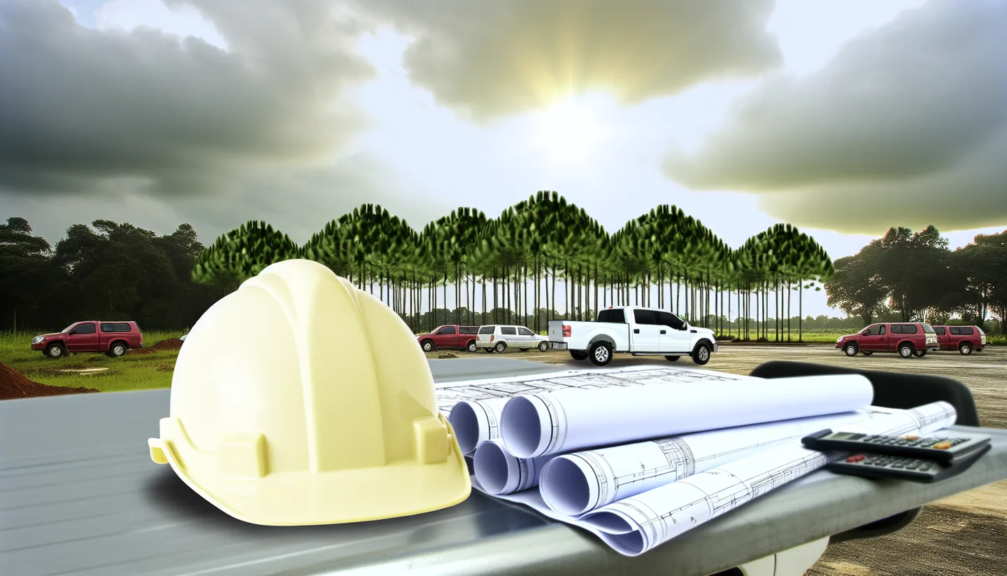 Blueprints and hard hat on a truck hood at a construction site