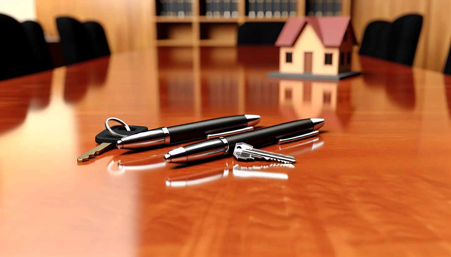 Property closing table with signed documents and keys from above