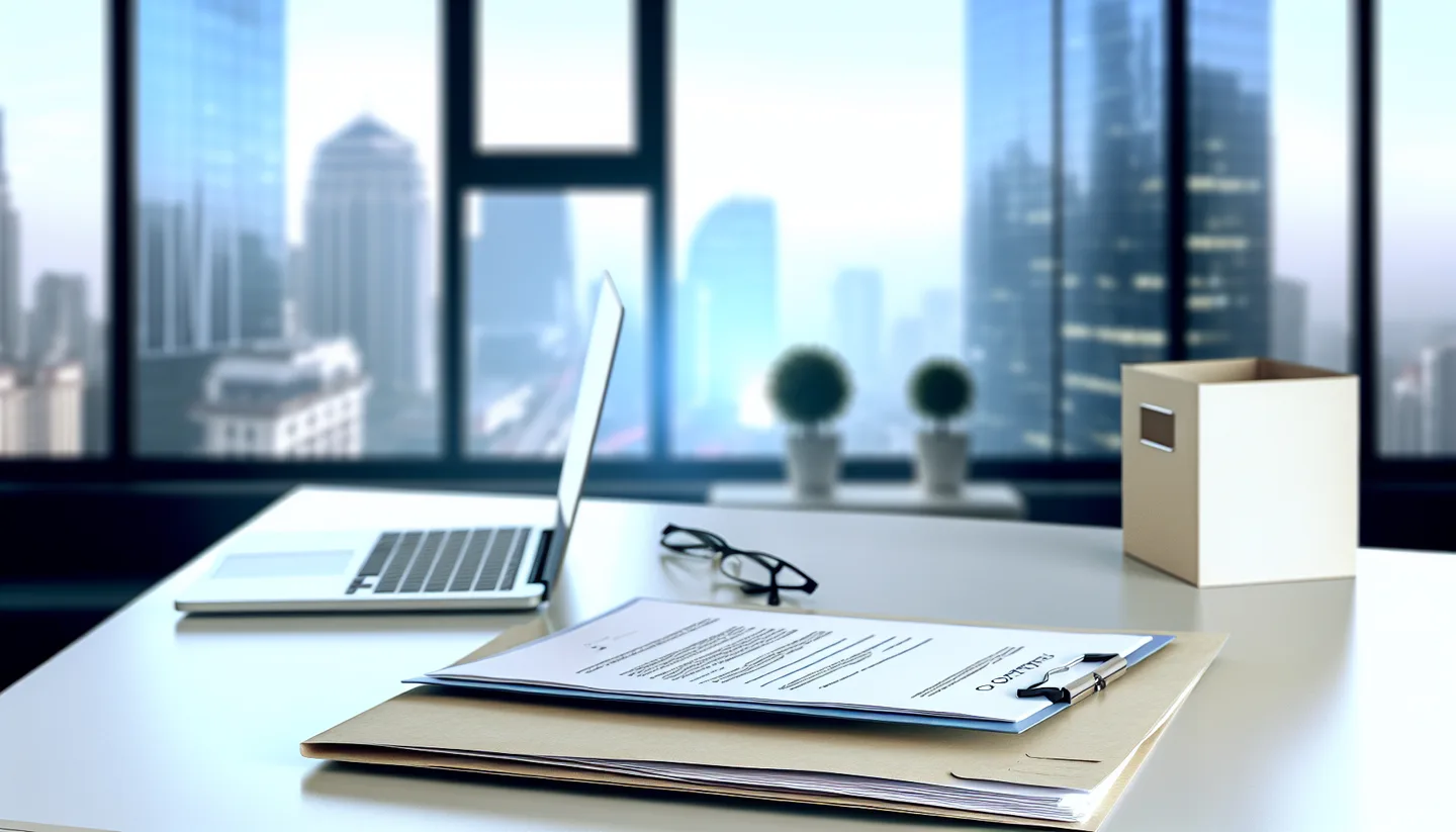 Professional office with property documents and city view