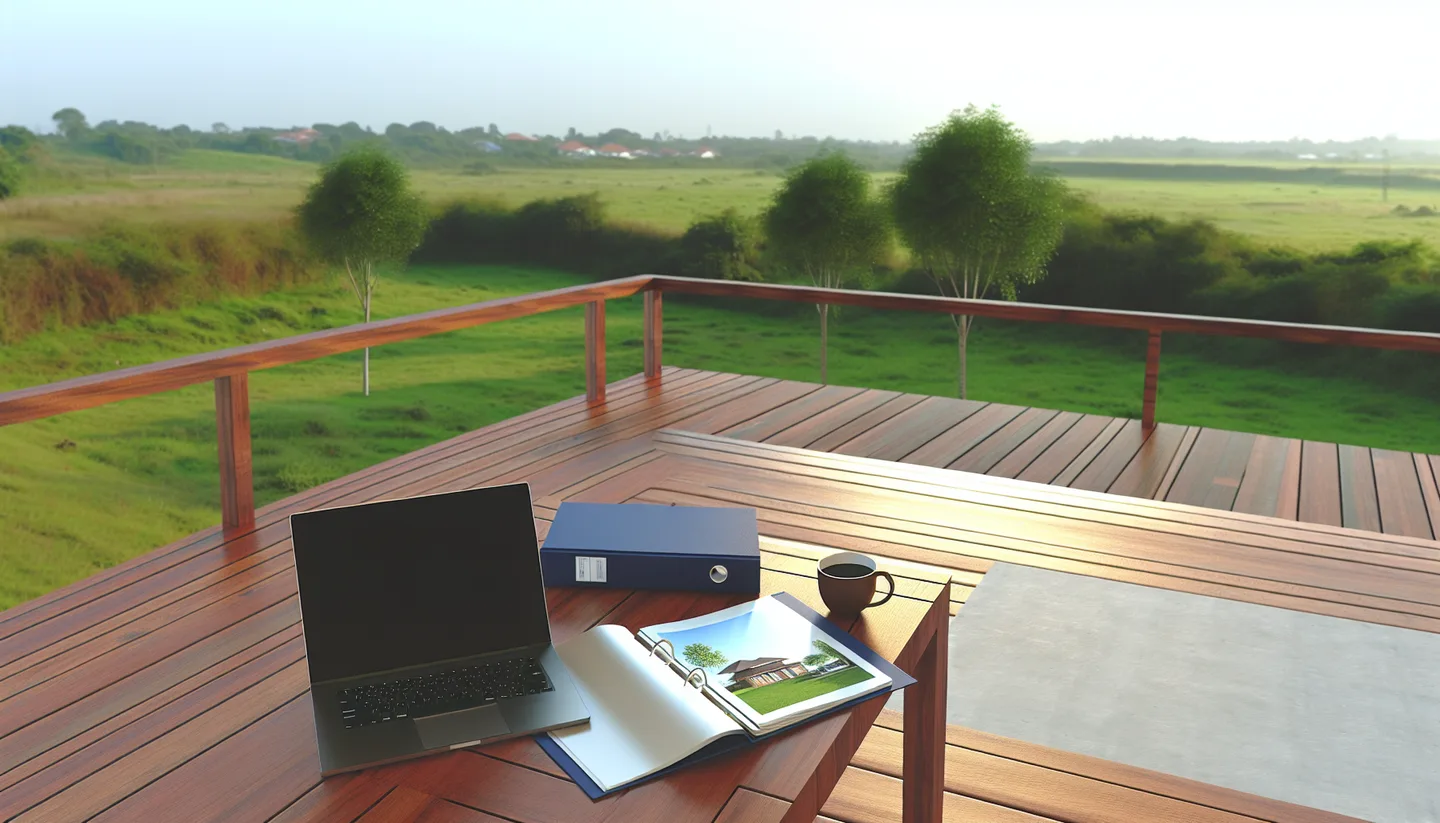 Laptop and property folder on a deck overlooking vacant land